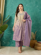 VASVI Chanderi Gold Printed Straight Kurta Pant with Dupatta, Grey
