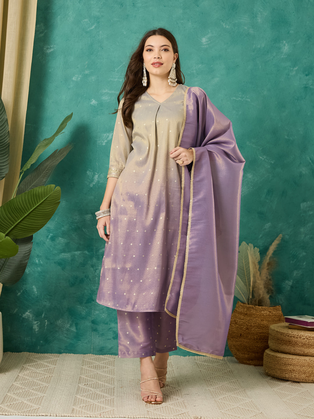 VASVI Chanderi Gold Printed Straight Kurta Pant with Dupatta, Grey