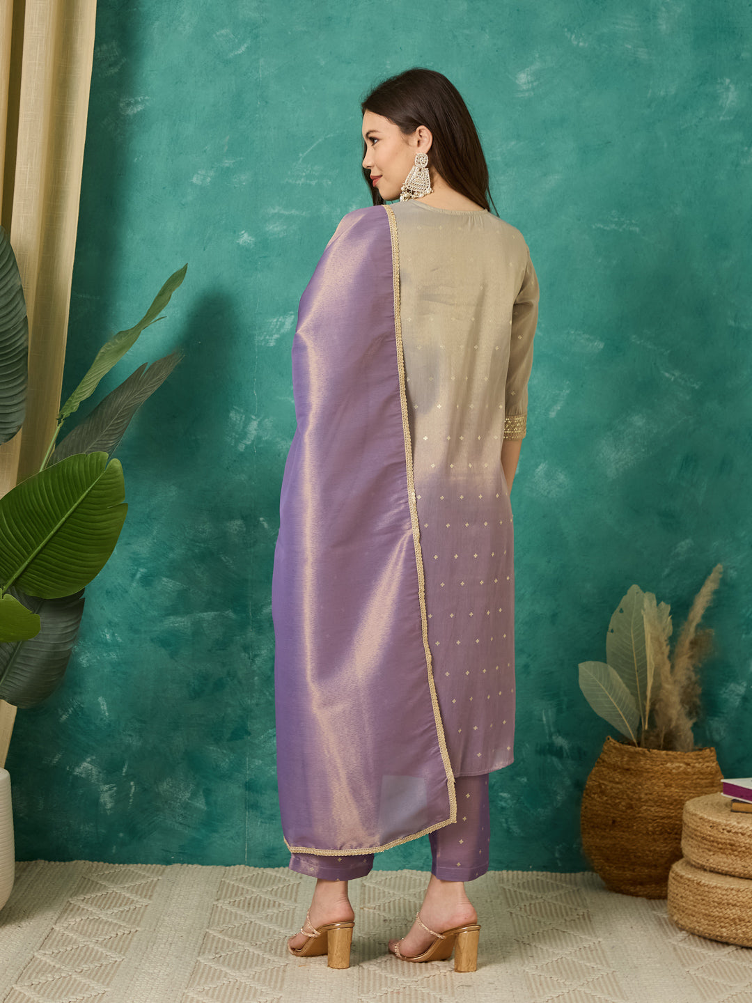 VASVI Chanderi Gold Printed Straight Kurta Pant with Dupatta, Grey