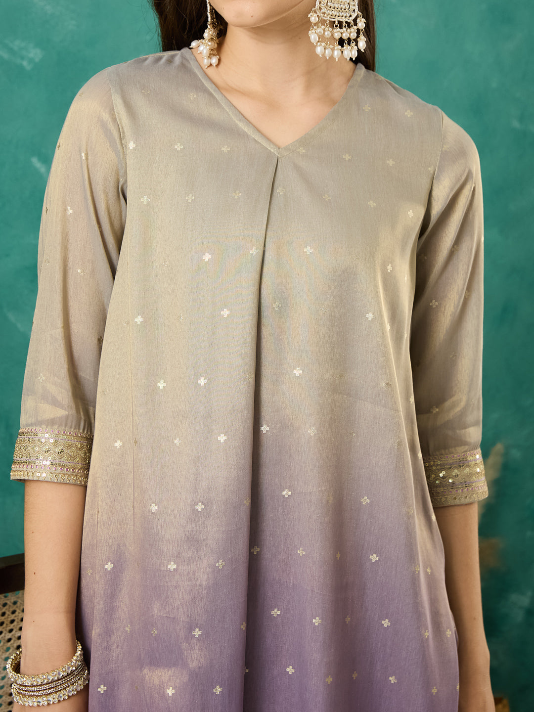 VASVI Chanderi Gold Printed Straight Kurta Pant with Dupatta, Grey
