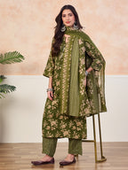 VASVI Cotton Floral Printed Straight Kurta Pant with Dupatta, Green
