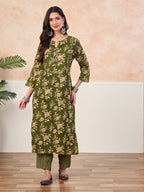 VASVI Cotton Floral Printed Straight Kurta Pant with Dupatta, Green