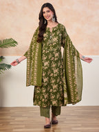 VASVI Cotton Floral Printed Straight Kurta Pant with Dupatta, Green