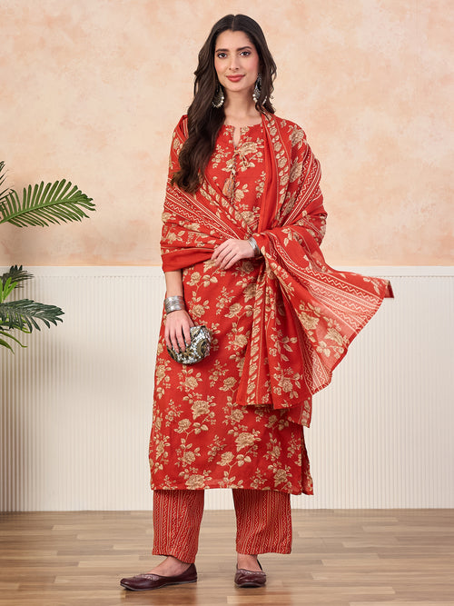 VASVI Cotton Floral Printed Straight Kurta Pant with Dupatta, Orange