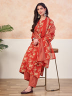 VASVI Cotton Floral Printed Straight Kurta Pant with Dupatta, Orange