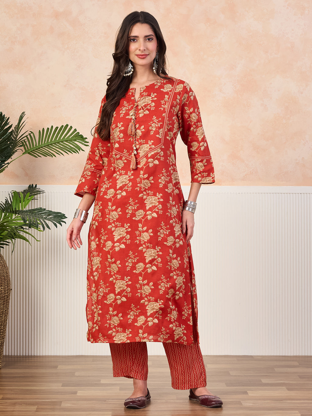 VASVI Cotton Floral Printed Straight Kurta Pant with Dupatta, Orange