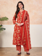VASVI Cotton Floral Printed Straight Kurta Pant with Dupatta, Orange