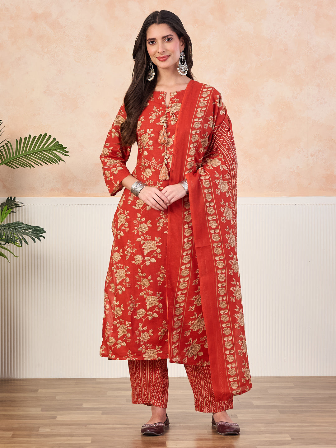 VASVI Cotton Floral Printed Straight Kurta Pant with Dupatta, Orange