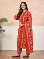 VASVI Cotton Floral Printed Straight Kurta Pant with Dupatta, Orange