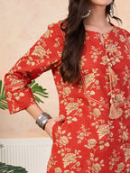 VASVI Cotton Floral Printed Straight Kurta Pant with Dupatta, Orange