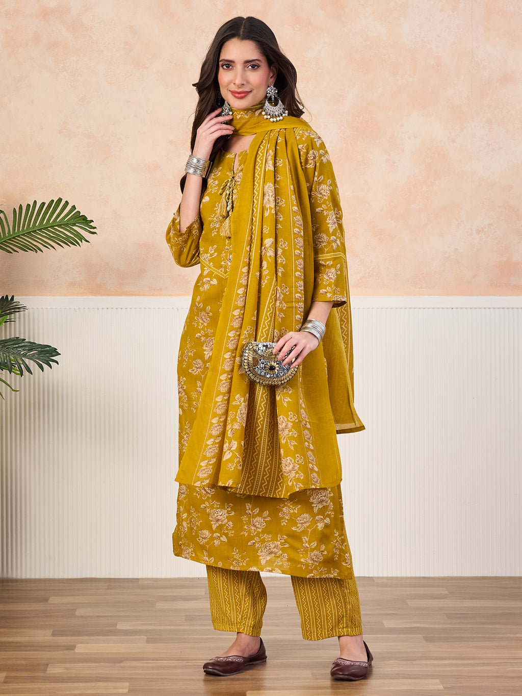 VASVI Cotton Floral Printed Straight Kurta Pant with Dupatta, Olive