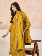VASVI Cotton Floral Printed Straight Kurta Pant with Dupatta, Olive