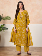 VASVI Cotton Floral Printed Straight Kurta Pant with Dupatta, Olive