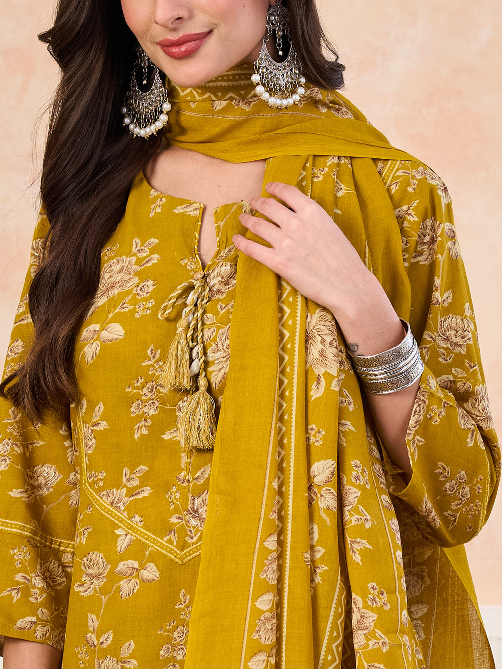VASVI Cotton Floral Printed Straight Kurta Pant with Dupatta, Olive