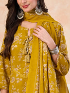 VASVI Cotton Floral Printed Straight Kurta Pant with Dupatta, Olive