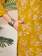 VASVI Cotton Floral Printed Straight Kurta Pant with Dupatta, Olive