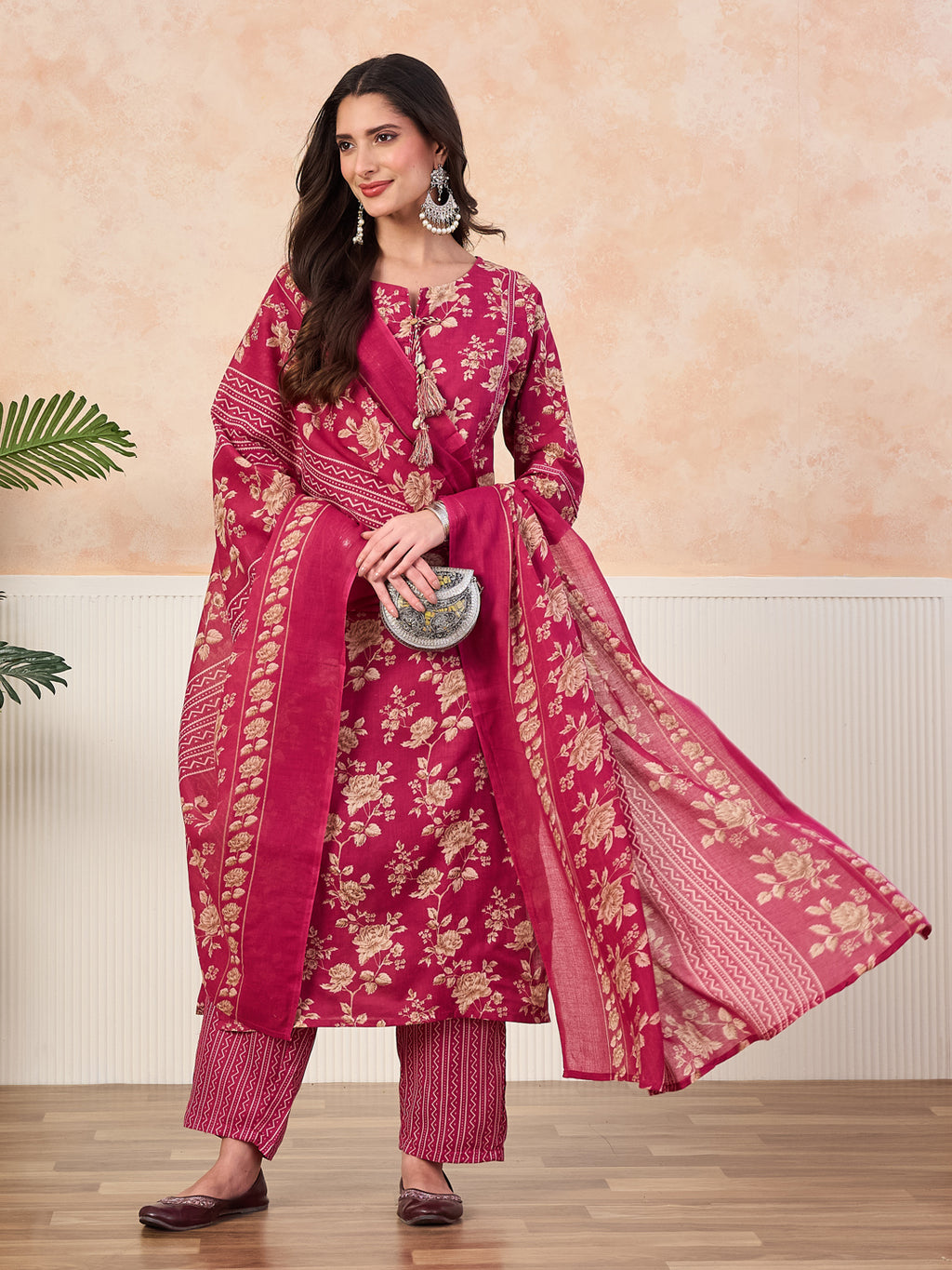 VASVI Cotton Floral Printed Straight Kurta Pant with Dupatta, Pink