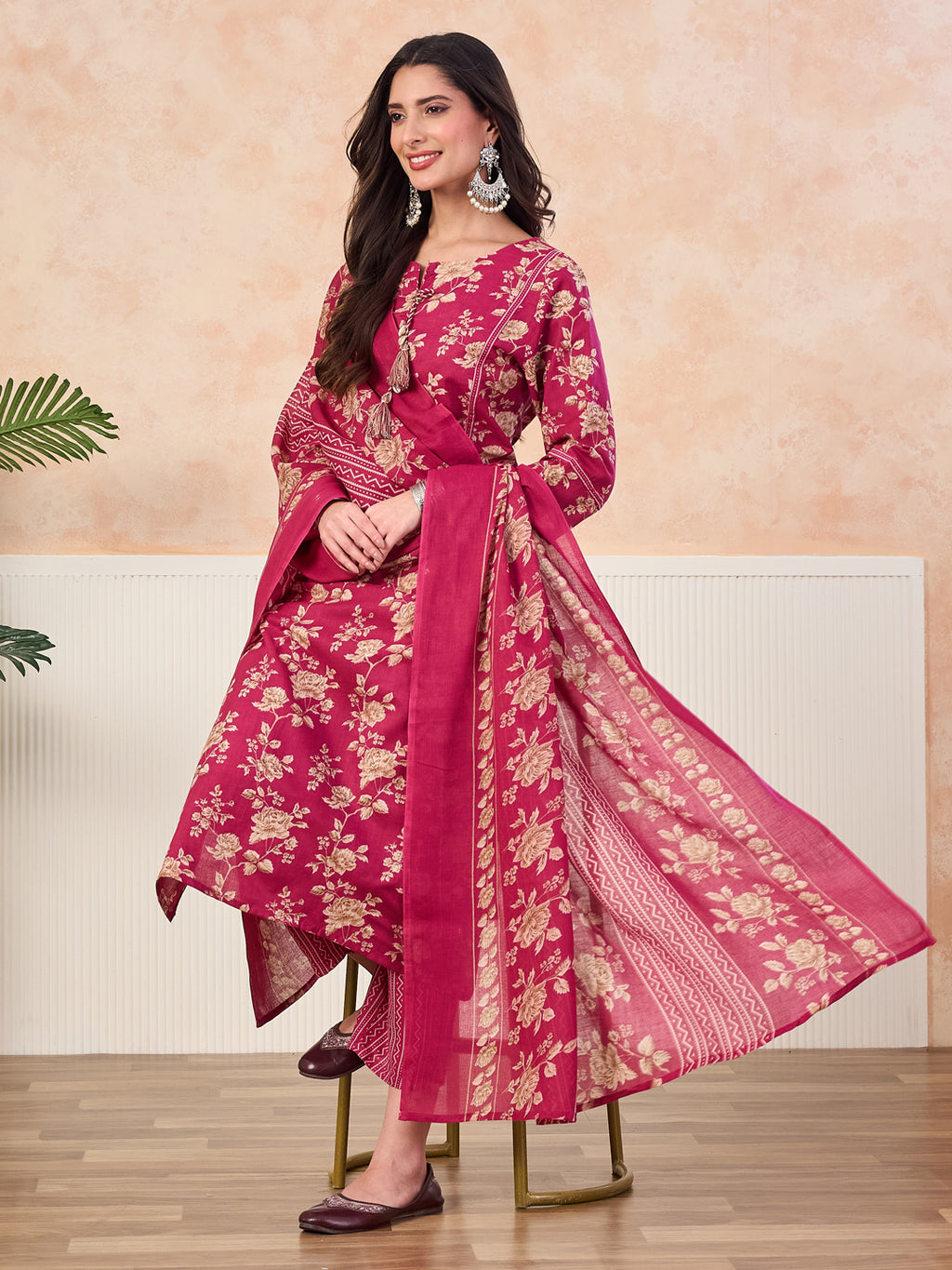 VASVI Cotton Floral Printed Straight Kurta Pant with Dupatta, Pink