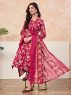 VASVI Cotton Floral Printed Straight Kurta Pant with Dupatta, Pink