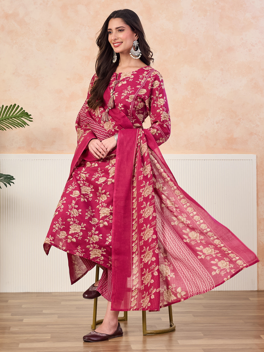 VASVI Cotton Floral Printed Straight Kurta Pant with Dupatta, Pink