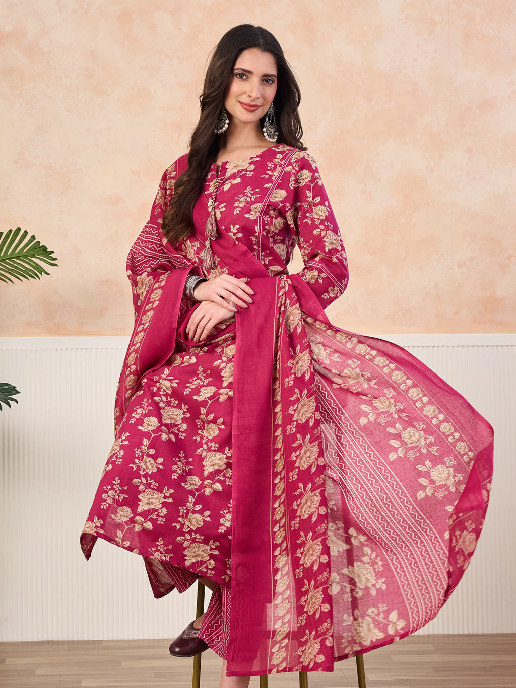 VASVI Cotton Floral Printed Straight Kurta Pant with Dupatta, Pink
