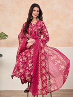 VASVI Cotton Floral Printed Straight Kurta Pant with Dupatta, Pink