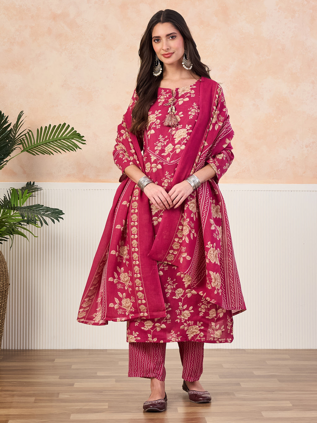 VASVI Cotton Floral Printed Straight Kurta Pant with Dupatta, Pink