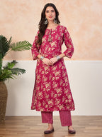 VASVI Cotton Floral Printed Straight Kurta Pant with Dupatta, Pink