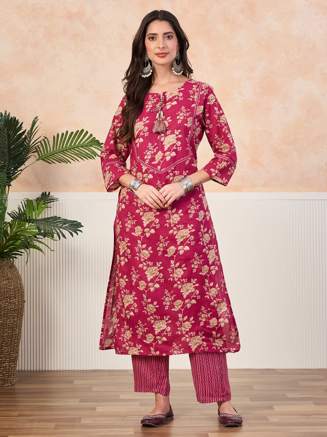 VASVI Cotton Floral Printed Straight Kurta Pant with Dupatta, Pink