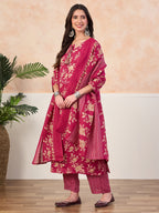 VASVI Cotton Floral Printed Straight Kurta Pant with Dupatta, Pink