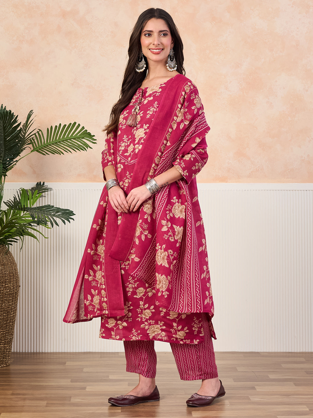 VASVI Cotton Floral Printed Straight Kurta Pant with Dupatta, Pink