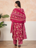 VASVI Cotton Floral Printed Straight Kurta Pant with Dupatta, Pink