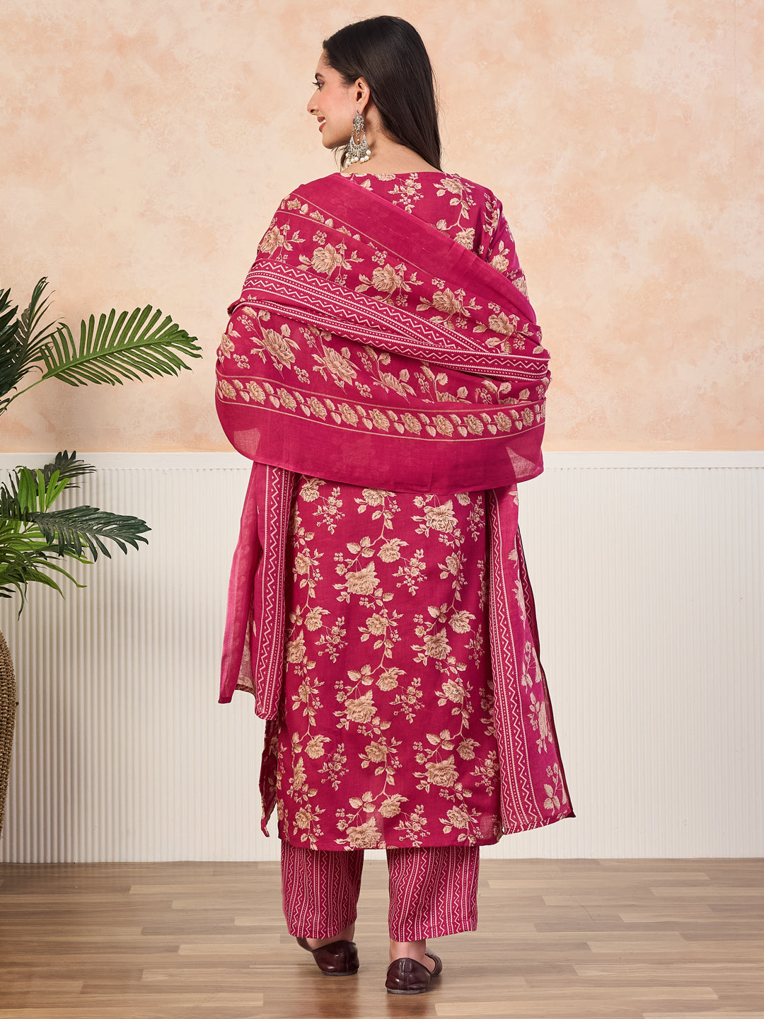 VASVI Cotton Floral Printed Straight Kurta Pant with Dupatta, Pink