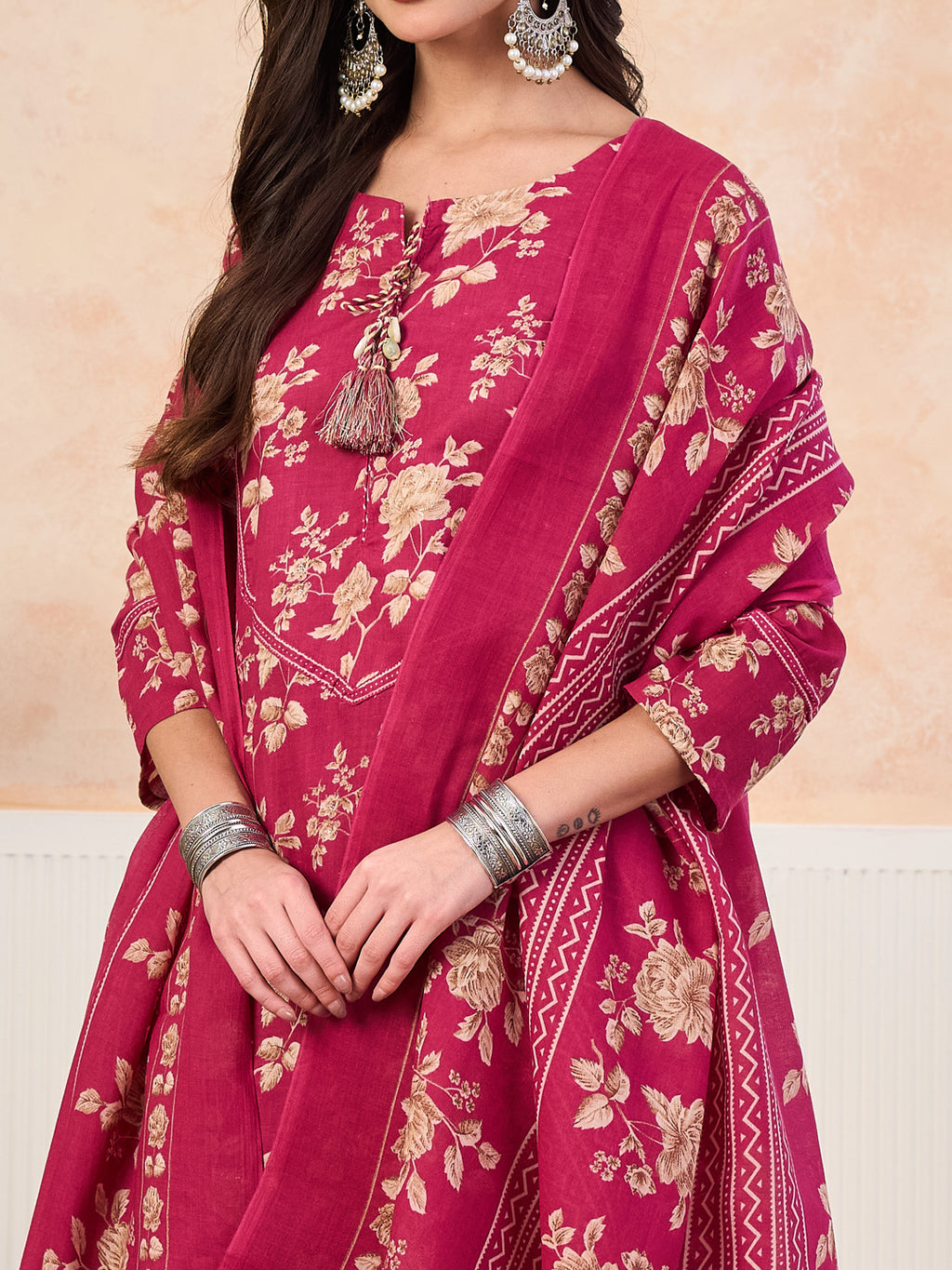 VASVI Cotton Floral Printed Straight Kurta Pant with Dupatta, Pink