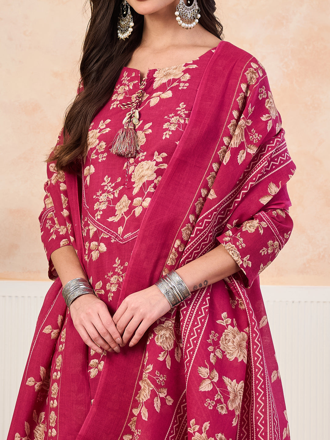 VASVI Cotton Floral Printed Straight Kurta Pant with Dupatta, Pink