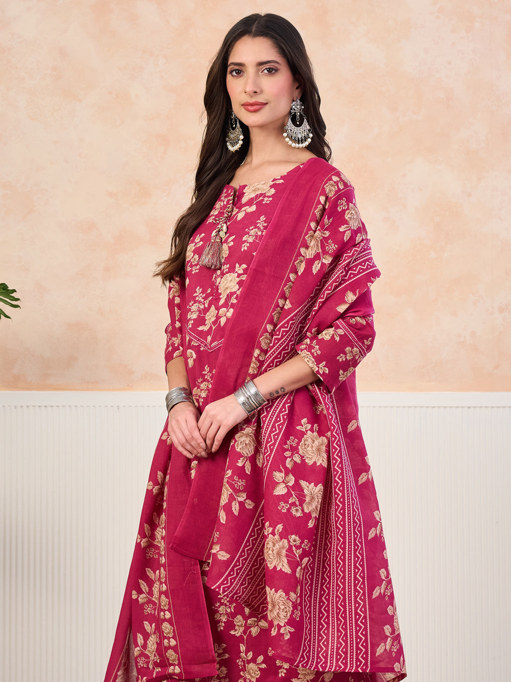 VASVI Cotton Floral Printed Straight Kurta Pant with Dupatta, Pink