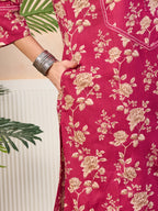 VASVI Cotton Floral Printed Straight Kurta Pant with Dupatta, Pink