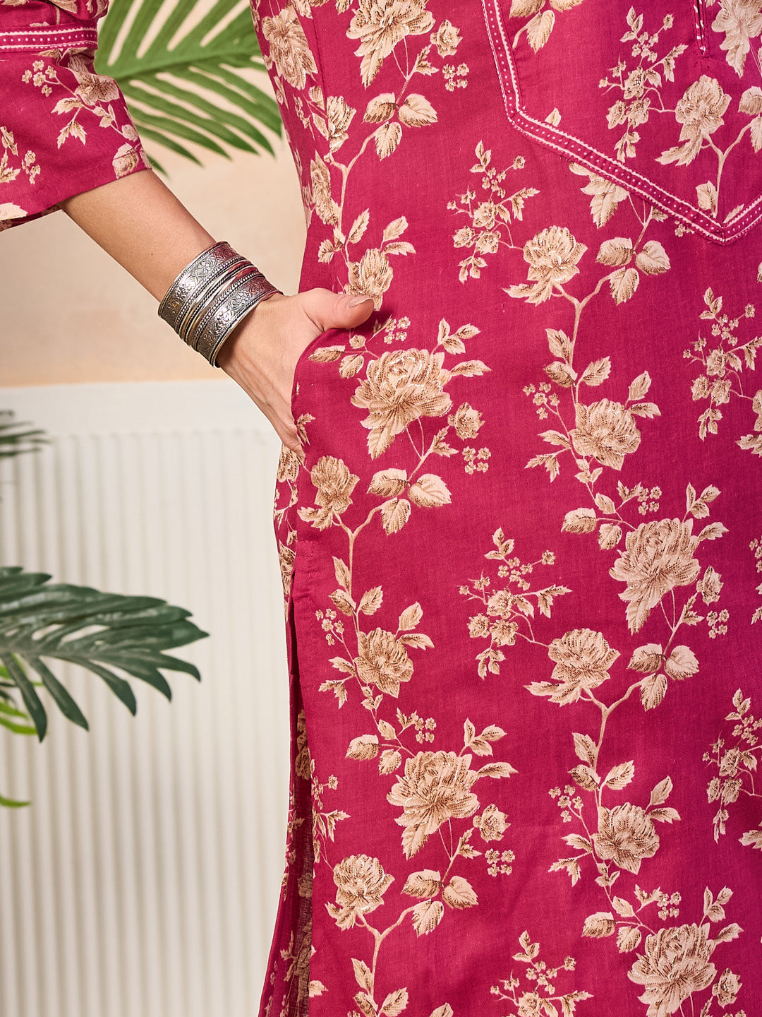 VASVI Cotton Floral Printed Straight Kurta Pant with Dupatta, Pink
