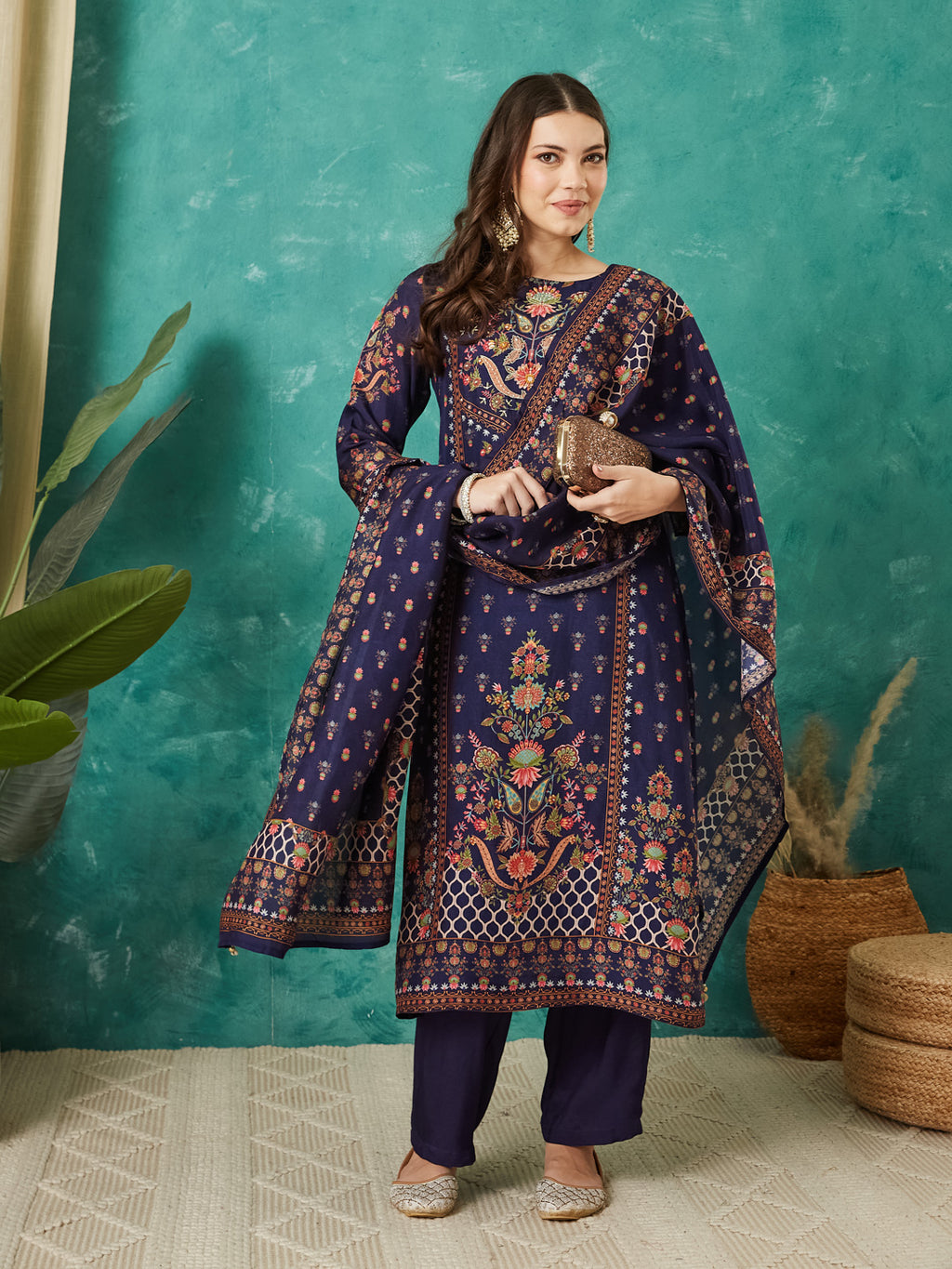 VASVI Viscose Printed Adda Work Straight Kurta Pant with Dupatta, Blue