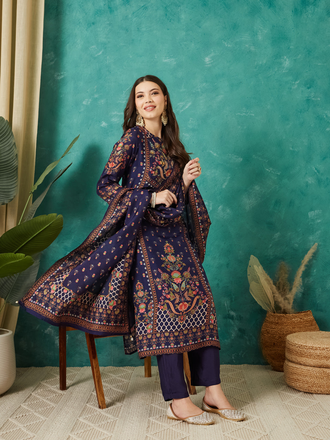 VASVI Viscose Printed Adda Work Straight Kurta Pant with Dupatta, Blue