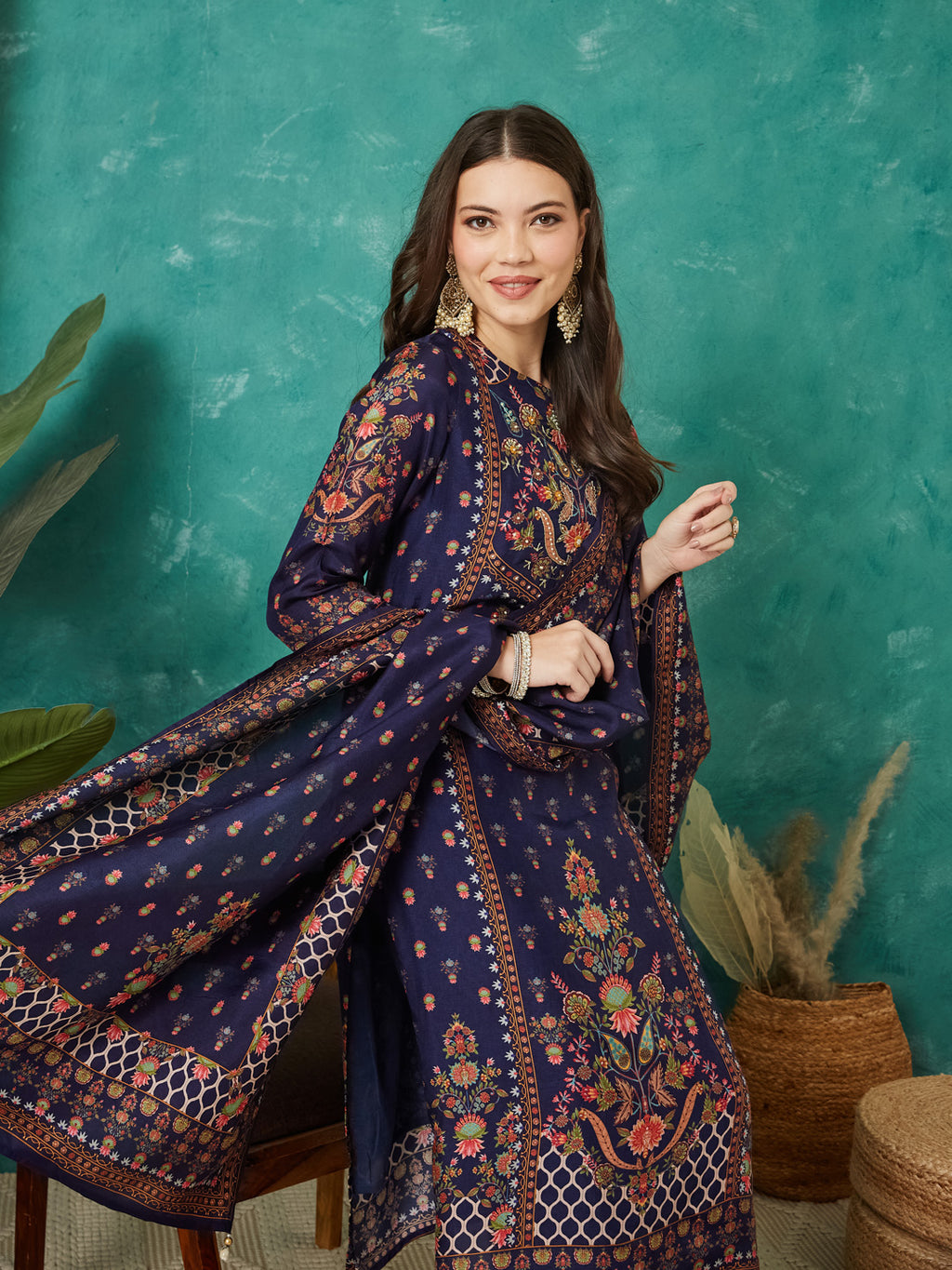 VASVI Viscose Printed Adda Work Straight Kurta Pant with Dupatta, Blue