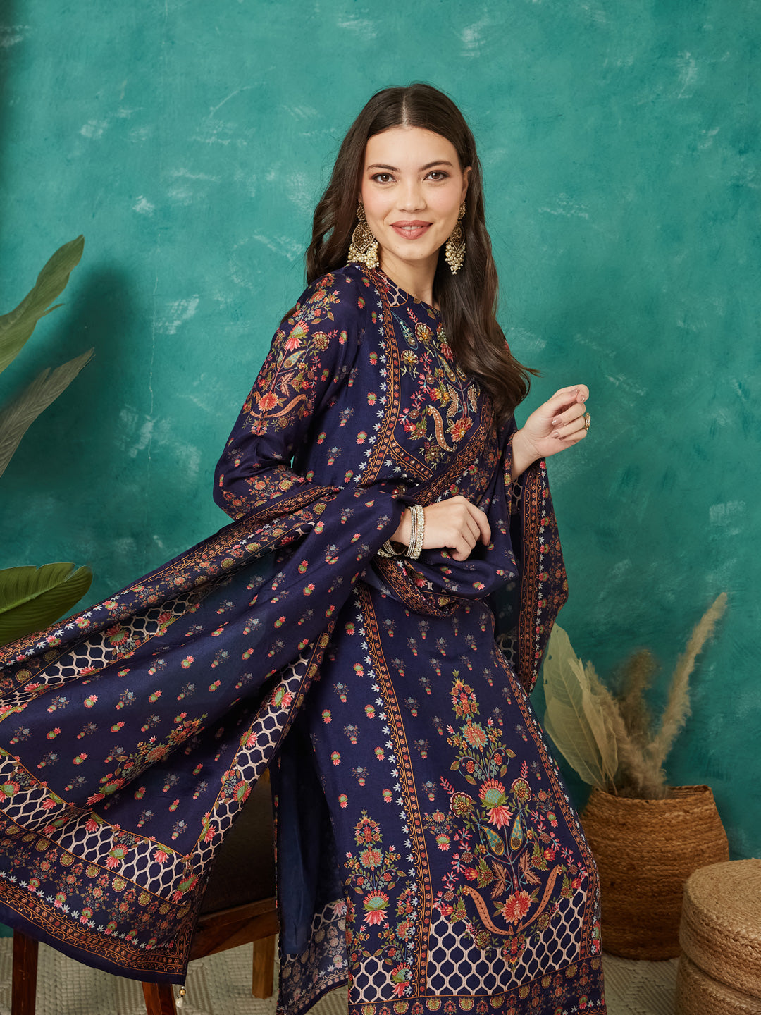 VASVI Viscose Printed Adda Work Straight Kurta Pant with Dupatta, Blue