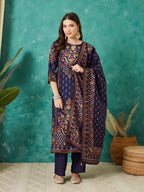 VASVI Viscose Printed Adda Work Straight Kurta Pant with Dupatta, Blue