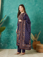 VASVI Viscose Printed Adda Work Straight Kurta Pant with Dupatta, Blue