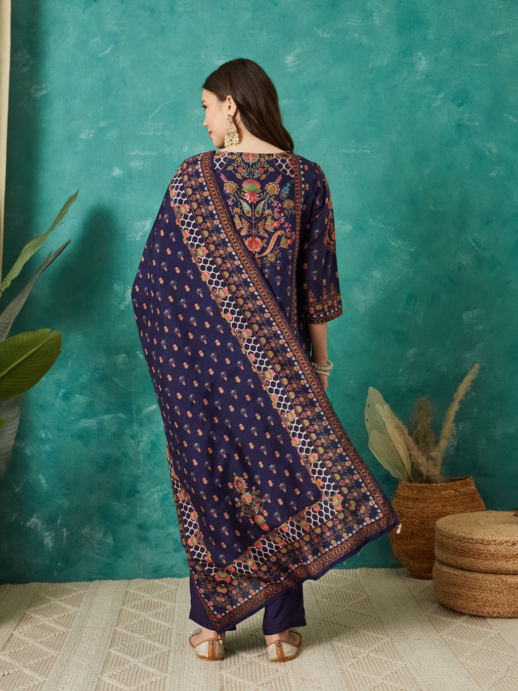 VASVI Viscose Printed Adda Work Straight Kurta Pant with Dupatta, Blue