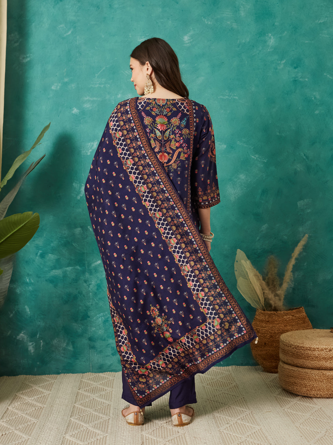 VASVI Viscose Printed Adda Work Straight Kurta Pant with Dupatta, Blue