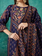 VASVI Viscose Printed Adda Work Straight Kurta Pant with Dupatta, Blue