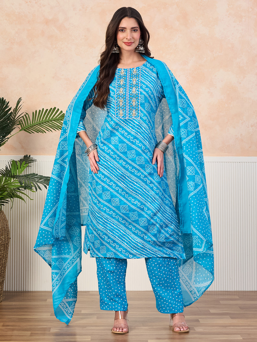 VASVI Cotton Printed Embroidered Yoke Straight Kurta Pant with Dupatta, Sky Blue