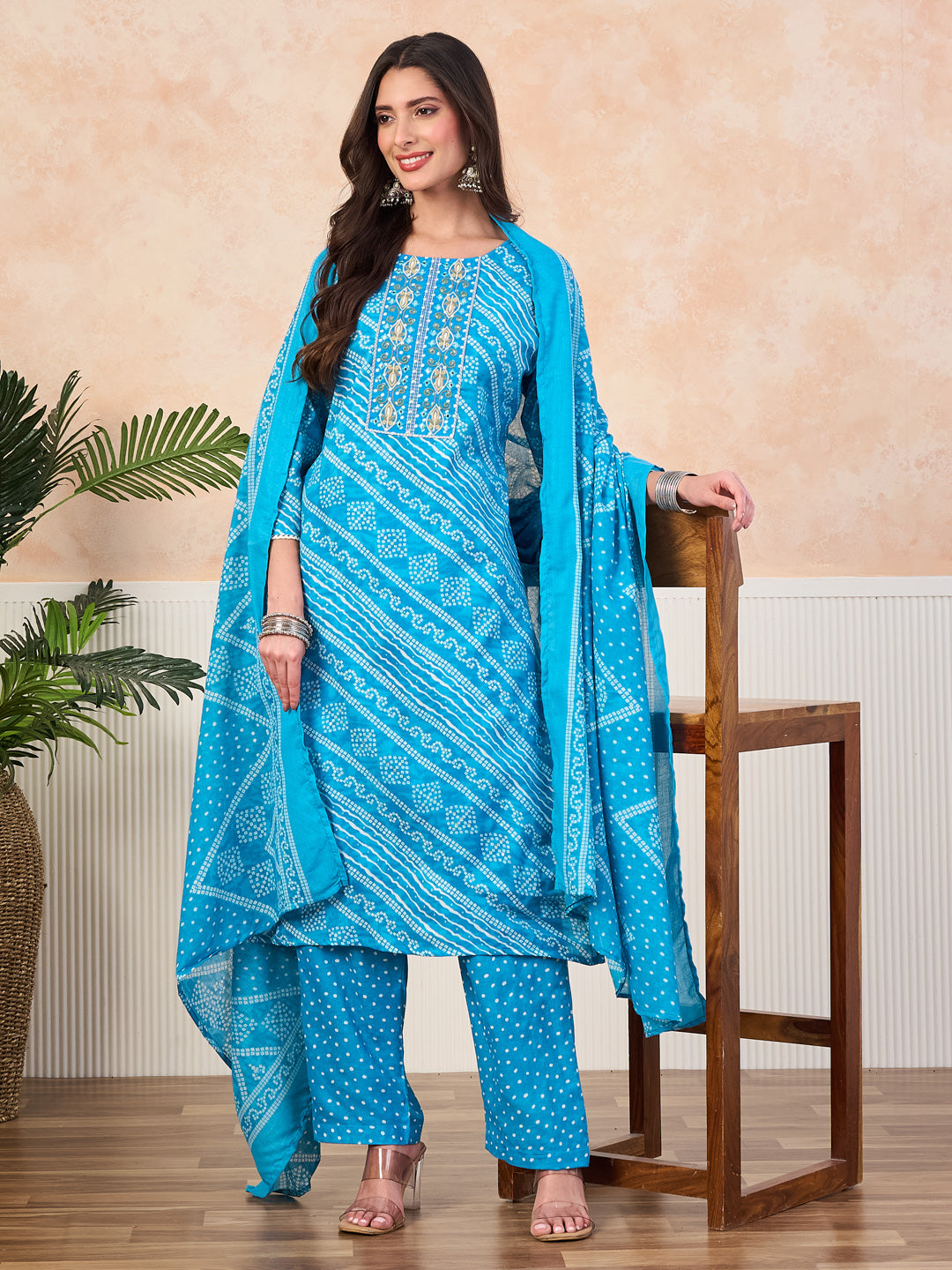 VASVI Cotton Printed Embroidered Yoke Straight Kurta Pant with Dupatta, Sky Blue