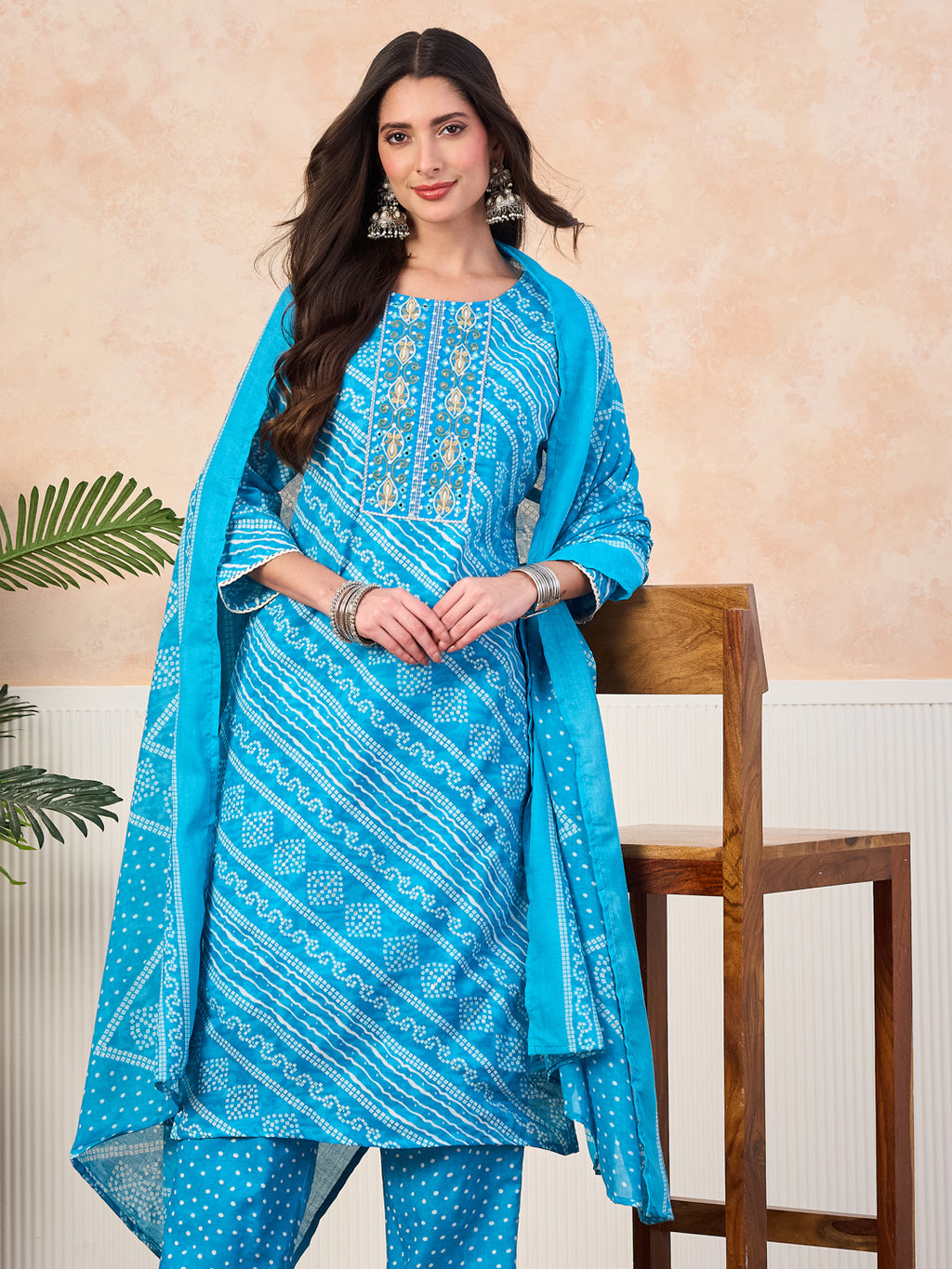 VASVI Cotton Printed Embroidered Yoke Straight Kurta Pant with Dupatta, Sky Blue